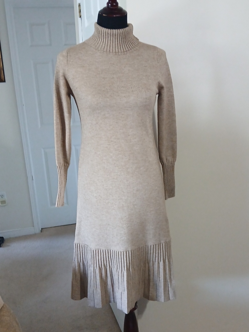 Beige Turtleneck Knit Dress - Classic Sweater Dress
